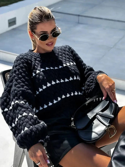 Nosy | Textured Knit Oversized Diamond Pattern Sweater
