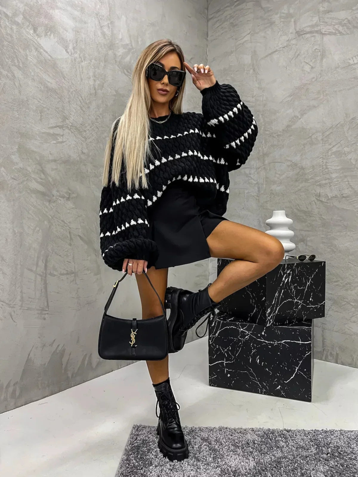 Nosy | Textured Knit Oversized Diamond Pattern Sweater