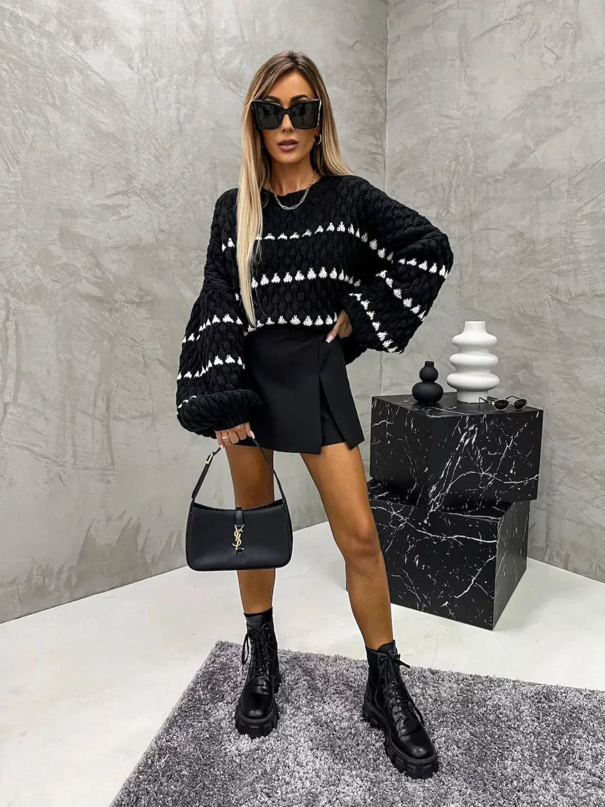 Nosy | Textured Knit Oversized Diamond Pattern Sweater
