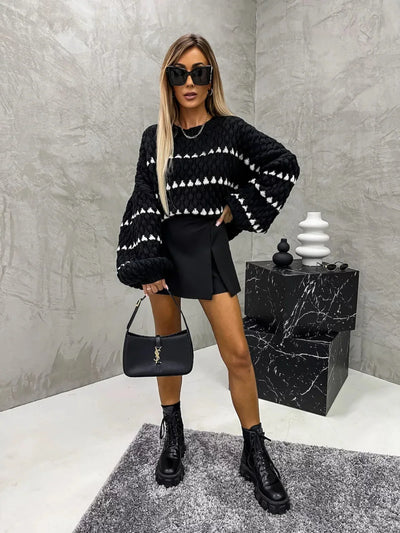 Nosy | Textured Knit Oversized Diamond Pattern Sweater