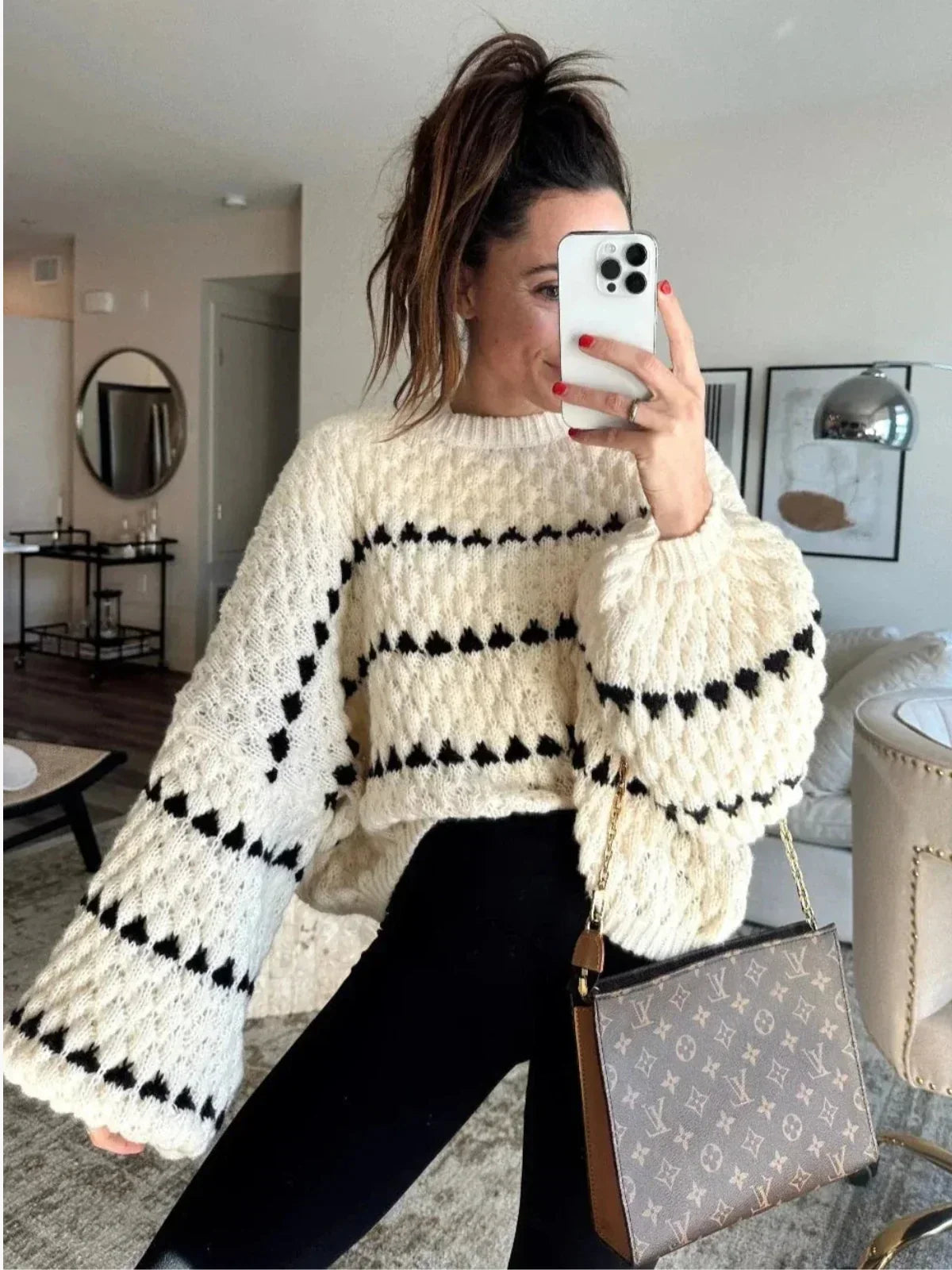 Nosy | Textured Knit Oversized Diamond Pattern Sweater