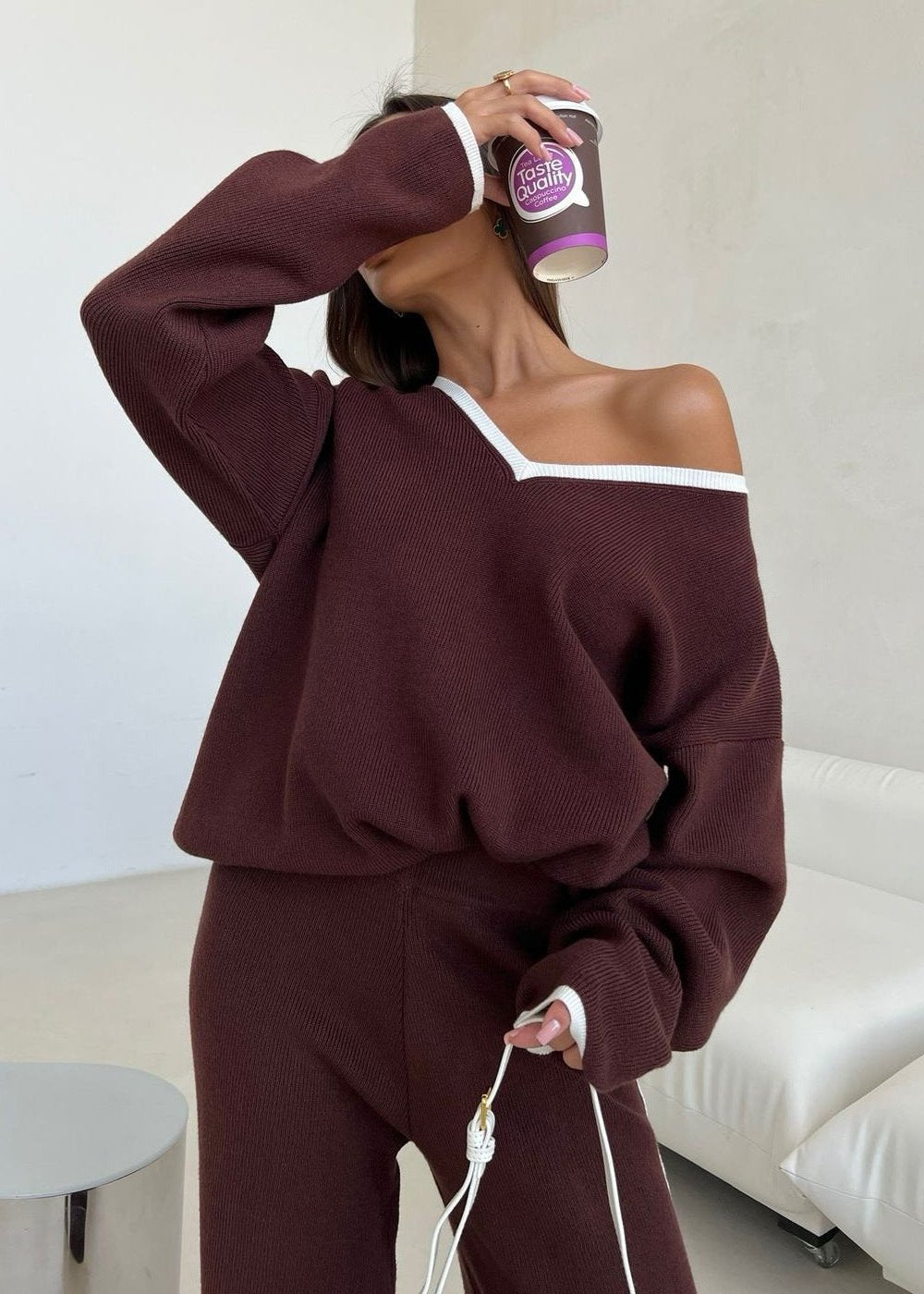 Chic Knit Lounge Set - Wine Red