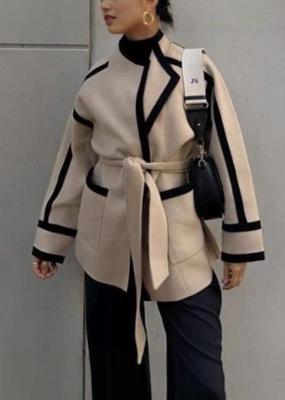 Jessica | Contrast Trim Belted Wool Coat