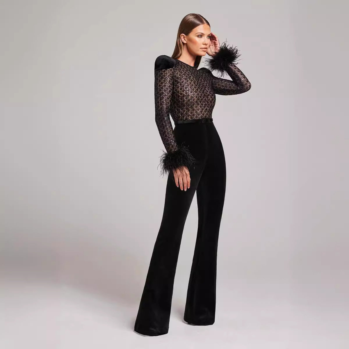 Celia | Feathered Sleeve Jumpsuit