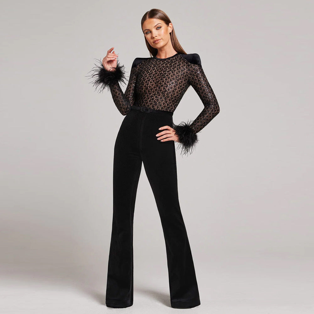 Celia | Feathered Sleeve Jumpsuit