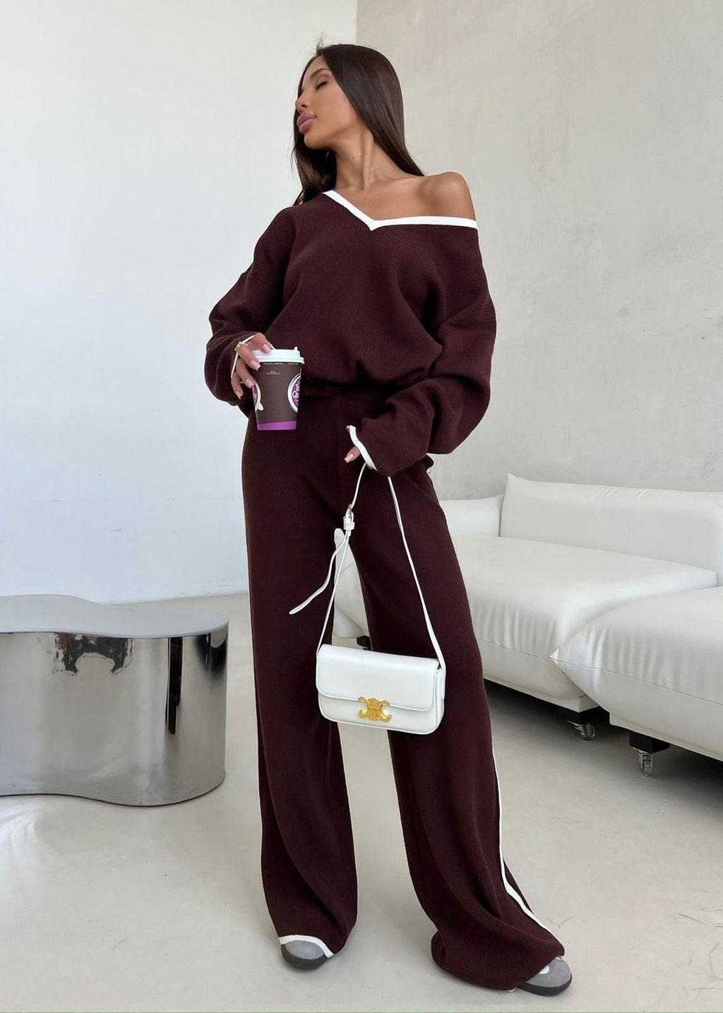 Chic Knit Lounge Set - Wine Red