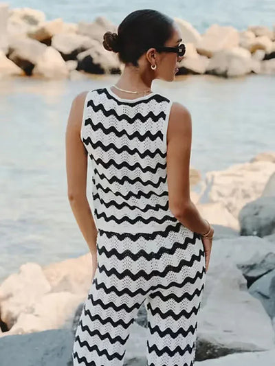 Selara Crochet Co-Ord Set – Black and White Zigzag Crochet Beach Co-Ord with Drawstring Wide Leg Trousers