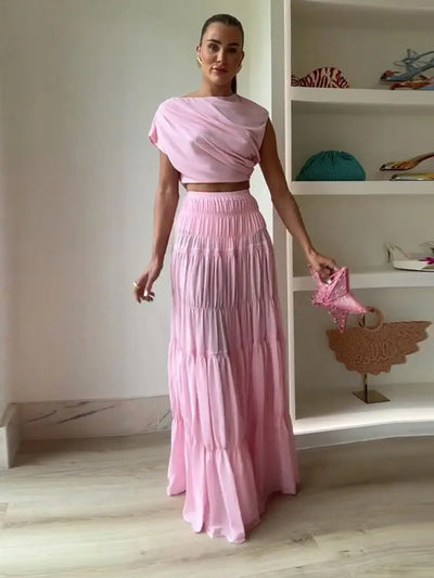 Elviana Draped Crop Top and Tiered Maxi Skirt Co-Ord Set – Soft Pink Summer Occasion Outfit