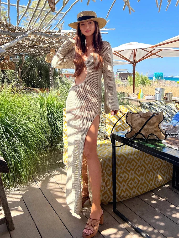 Sorvette Long Sleeve Cut Out Crochet Knit Maxi Dress – Beach Cover Up Resort Outfit for Summer Holidays
