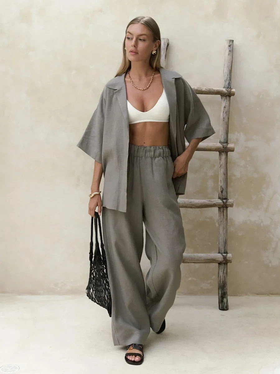 Ismena Oversized Shirt and Wide-Leg Trouser Co-Ord Set – Relaxed Linen Look Beach Holiday Outfit in White, Taupe, Beige & Grey