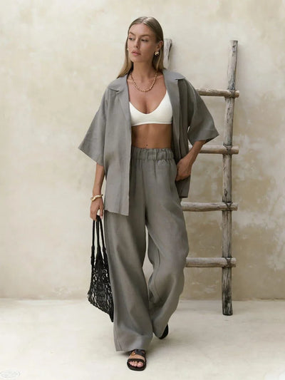 Ismena Oversized Shirt and Wide-Leg Trouser Co-Ord Set – Relaxed Linen Look Beach Holiday Outfit in White, Taupe, Beige & Grey