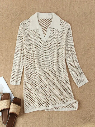 Avina Crochet Beach Shirt Dress Cover-Up – Long Sleeve Summer Holiday Mesh Tunic