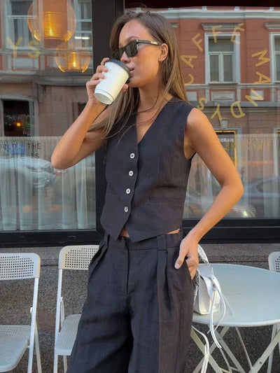 Elanora Tailored Waistcoat and Wide-Leg Trouser Two-Piece Set – Orange, Beige or Black Smart Co-Ord Set
