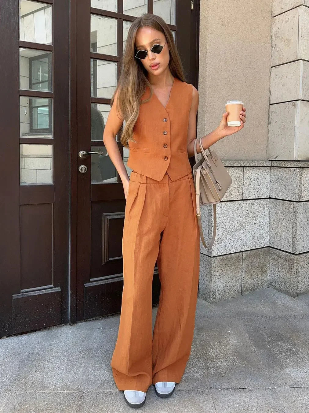 Elanora Tailored Waistcoat and Wide-Leg Trouser Two-Piece Set – Orange, Beige or Black Smart Co-Ord Set