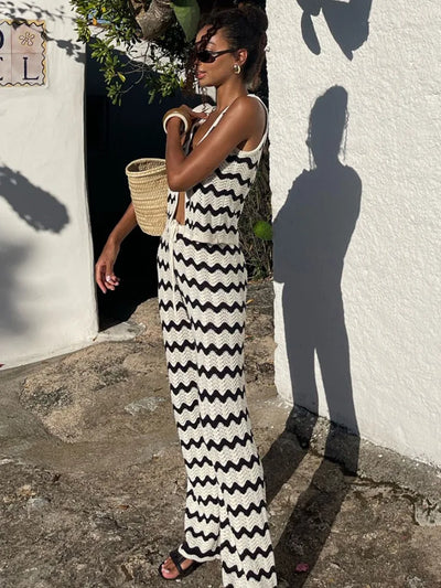 Selara Crochet Co-Ord Set – Black and White Zigzag Crochet Beach Co-Ord with Drawstring Wide Leg Trousers