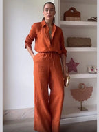Maribel Burnt Orange Co-Ord Set – Button-Up Shirt and Wide-Leg Trousers Summer Holiday Outfit