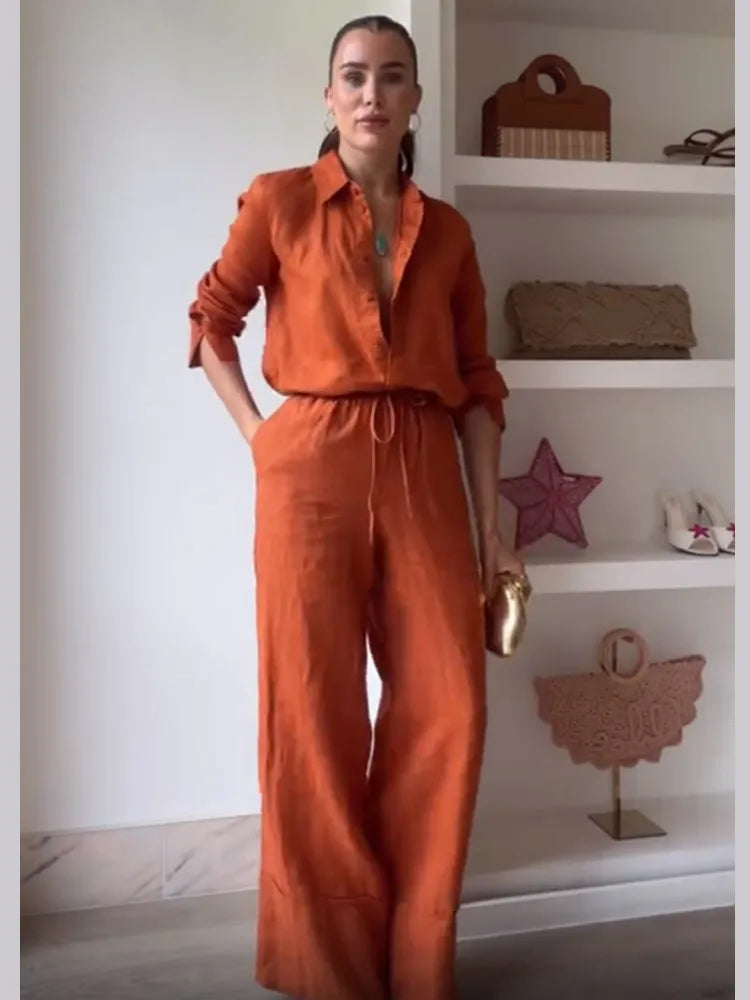 Maribel Burnt Orange Co-Ord Set – Button-Up Shirt and Wide-Leg Trousers Summer Holiday Outfit