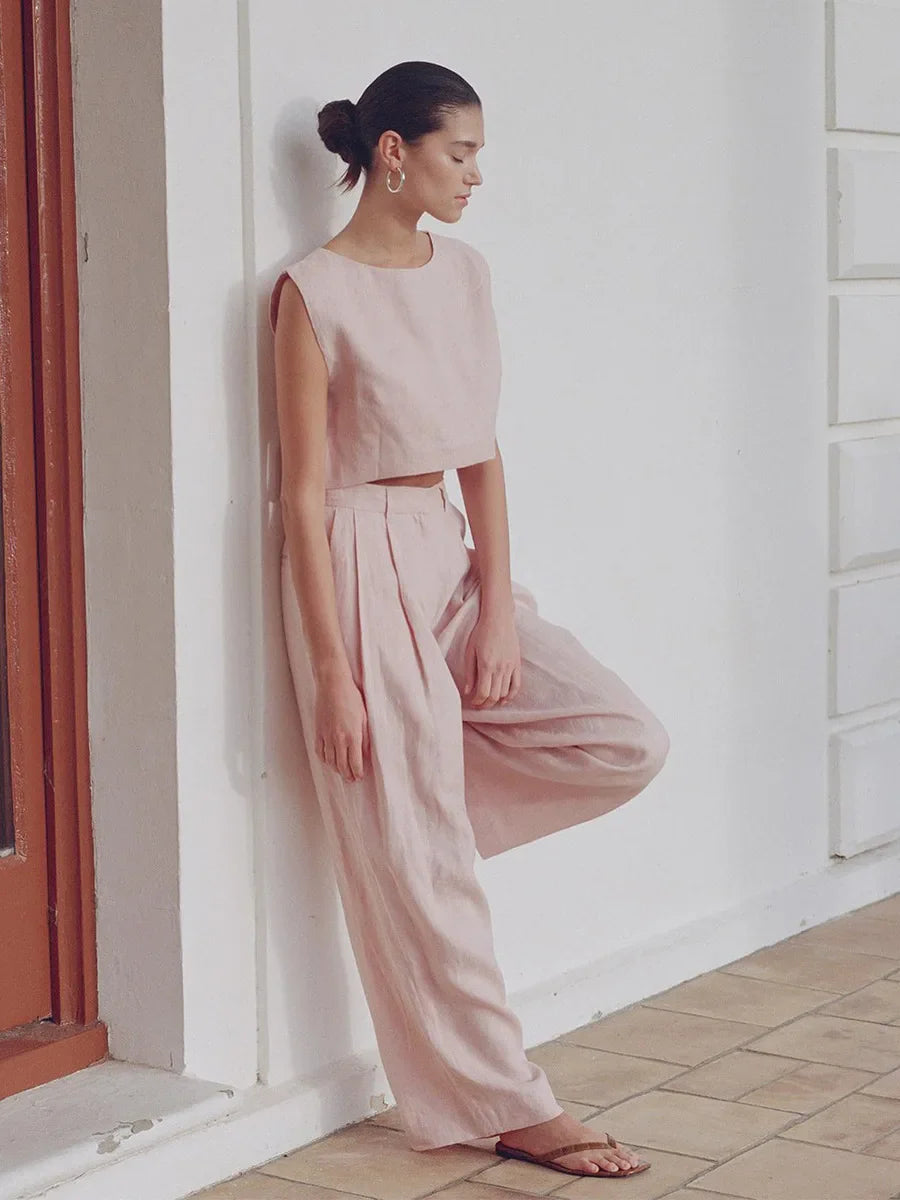 Solena Cotton Linen Co-Ord Set – Sleeveless Vest and Wide-Leg Trousers Two-Piece Summer Outfit