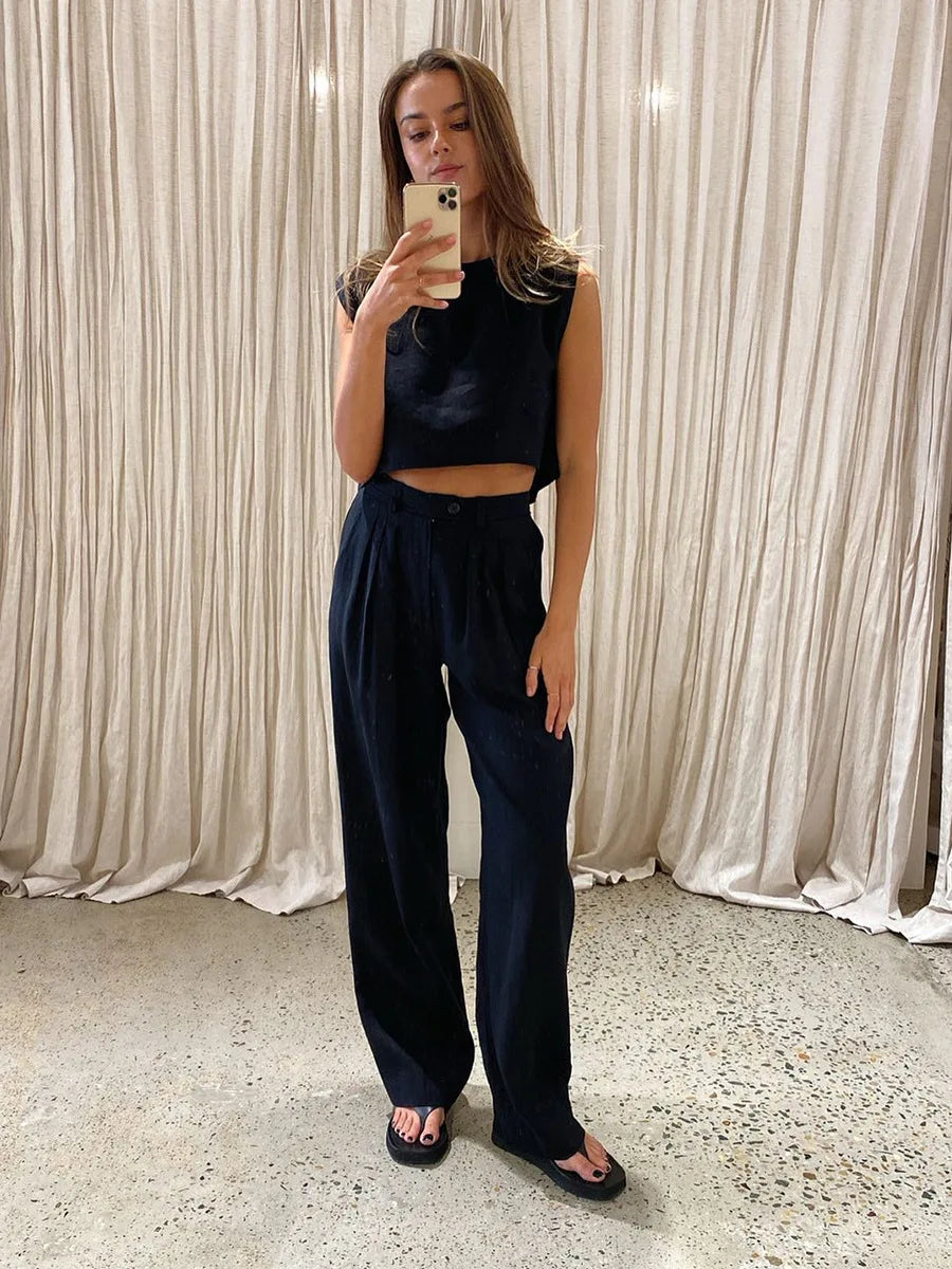 Solena Cotton Linen Co-Ord Set – Sleeveless Vest and Wide-Leg Trousers Two-Piece Summer Outfit