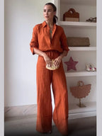 Maribel Burnt Orange Co-Ord Set – Button-Up Shirt and Wide-Leg Trousers Summer Holiday Outfit