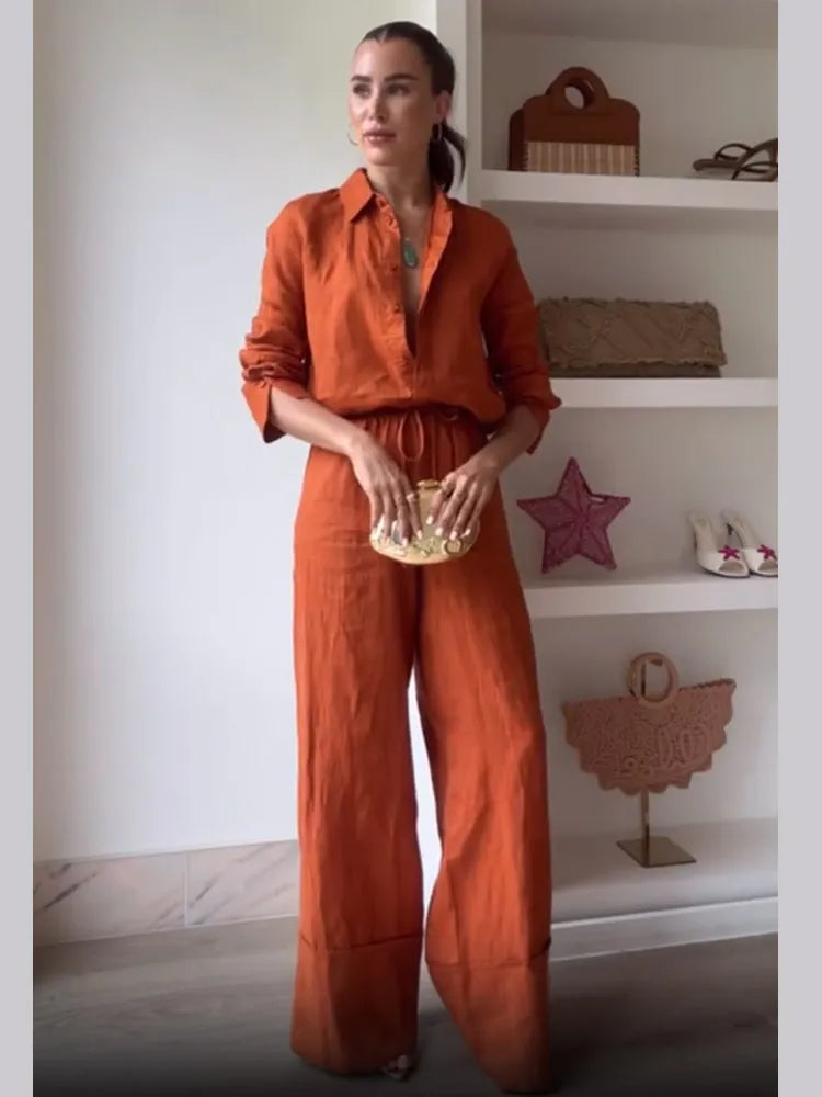 Maribel Burnt Orange Co-Ord Set – Button-Up Shirt and Wide-Leg Trousers Summer Holiday Outfit