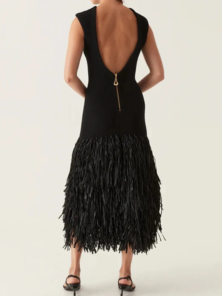 Knitted Tassels Hem Women Long Dress