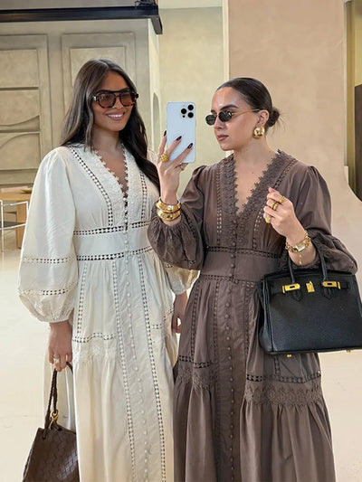 Marvella Embroidered V-Neck Maxi Dress – Boho Long Sleeve Tiered Button Dress