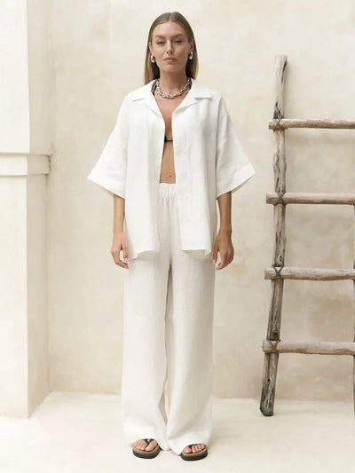 Ismena Oversized Shirt and Wide-Leg Trouser Co-Ord Set – Relaxed Linen Look Beach Holiday Outfit in White, Taupe, Beige & Grey