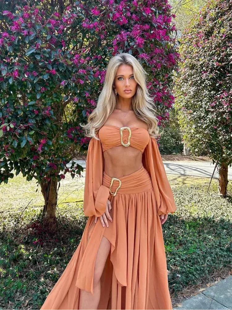 Sexy  Pleated Split Midi Skirt Dress Set