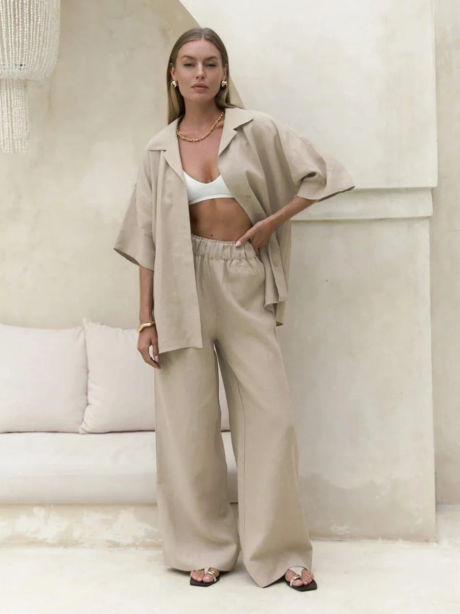 Ismena Oversized Shirt and Wide-Leg Trouser Co-Ord Set – Relaxed Linen Look Beach Holiday Outfit in White, Taupe, Beige & Grey