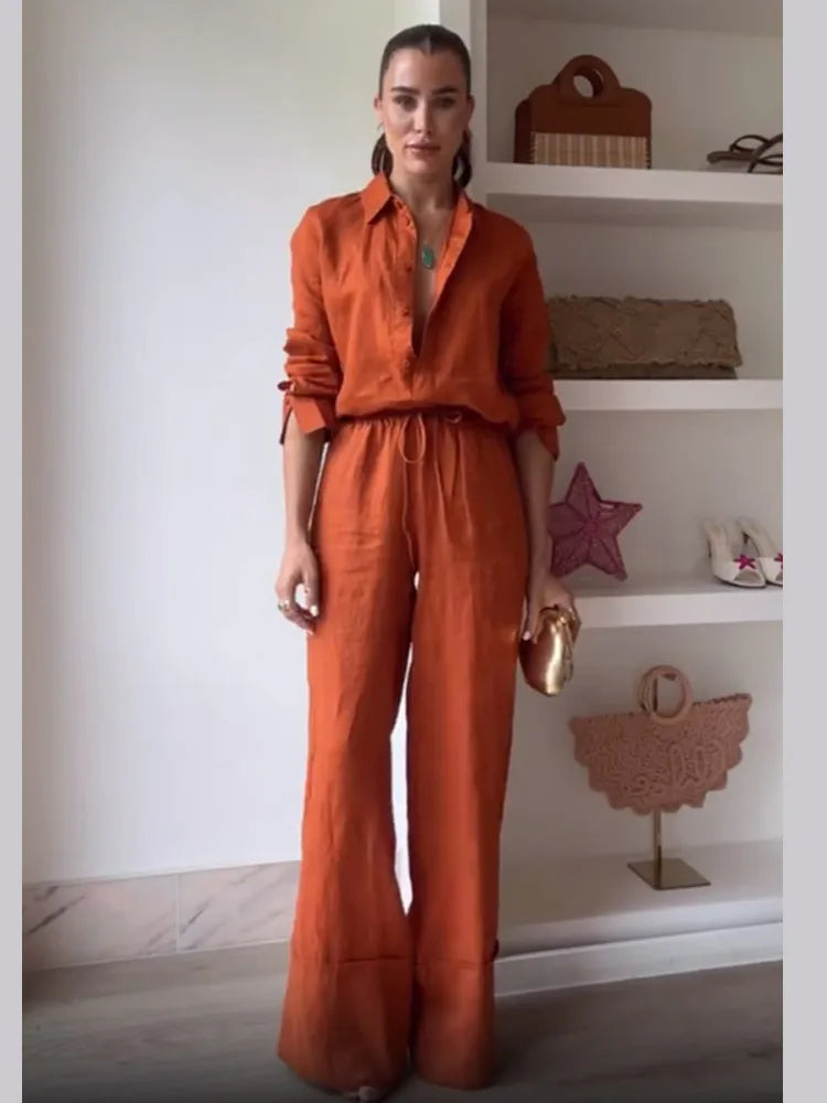 Maribel Burnt Orange Co-Ord Set – Button-Up Shirt and Wide-Leg Trousers Summer Holiday Outfit