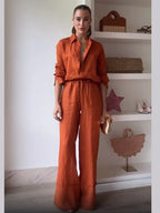 Maribel Burnt Orange Co-Ord Set – Button-Up Shirt and Wide-Leg Trousers Summer Holiday Outfit