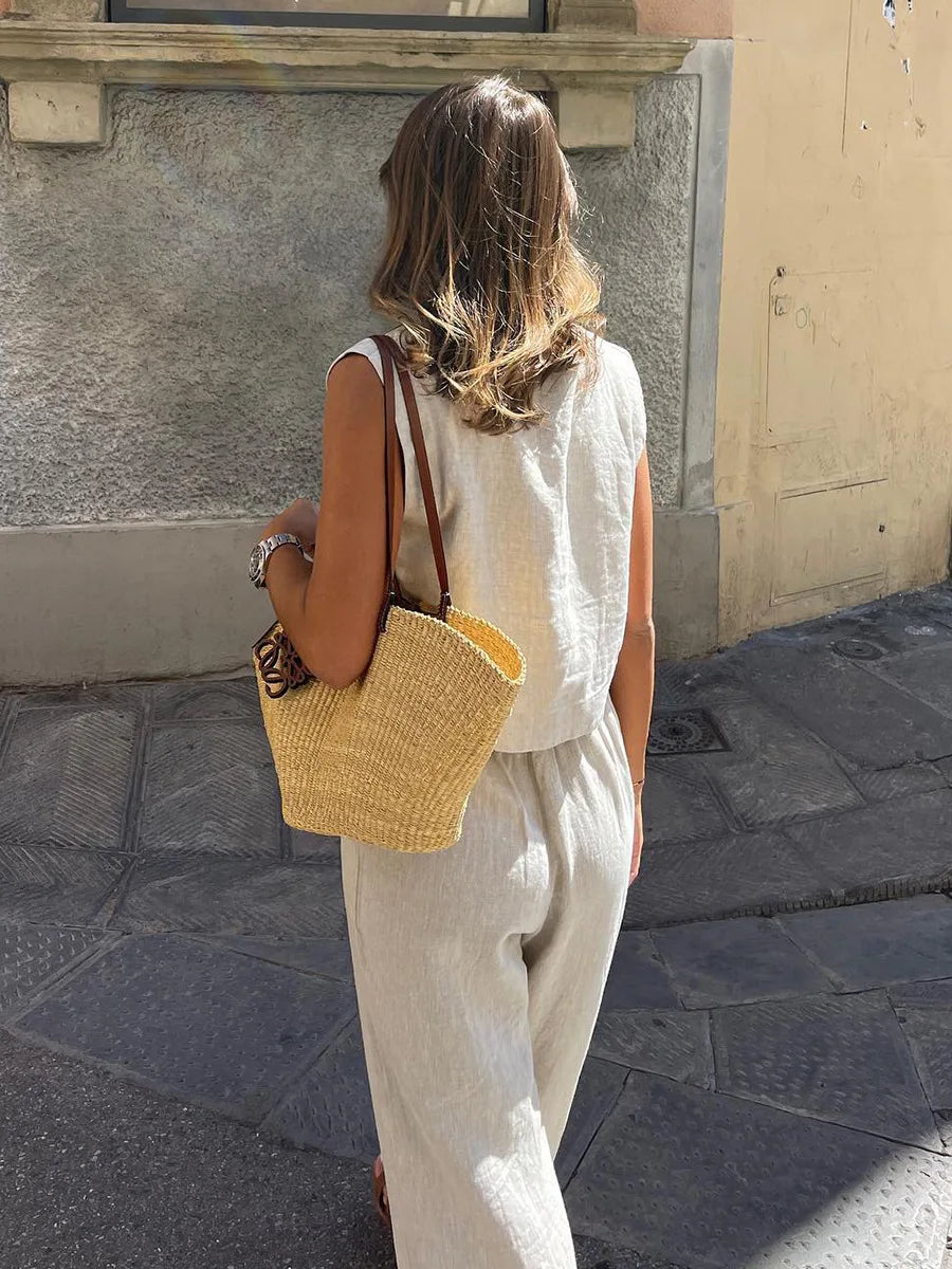 Solena Cotton Linen Co-Ord Set – Sleeveless Vest and Wide-Leg Trousers Two-Piece Summer Outfit