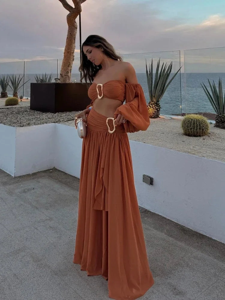 Sexy  Pleated Split Midi Skirt Dress Set