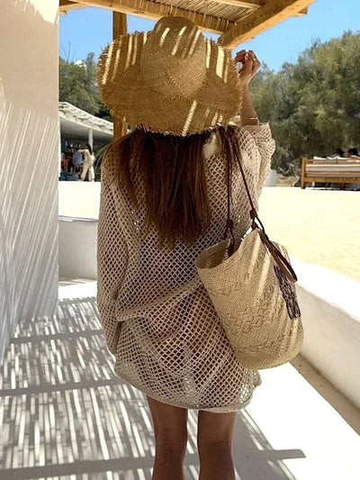 Avina Crochet Beach Shirt Dress Cover-Up – Long Sleeve Summer Holiday Mesh Tunic