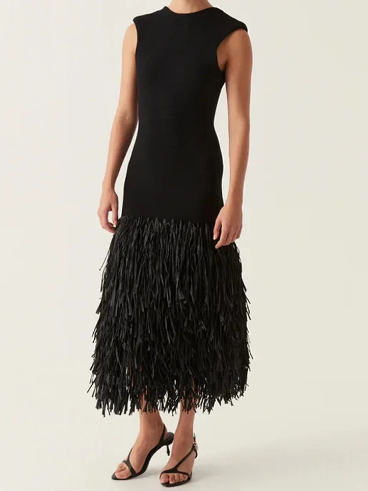 Knitted Tassels Hem Women Long Dress