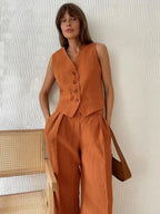 Elanora Tailored Waistcoat and Wide-Leg Trouser Two-Piece Set – Orange, Beige or Black Smart Co-Ord Set
