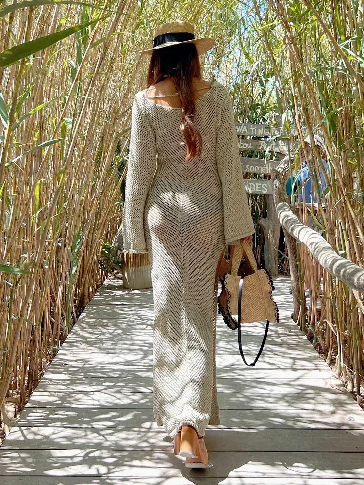Sorvette Long Sleeve Cut Out Crochet Knit Maxi Dress – Beach Cover Up Resort Outfit for Summer Holidays