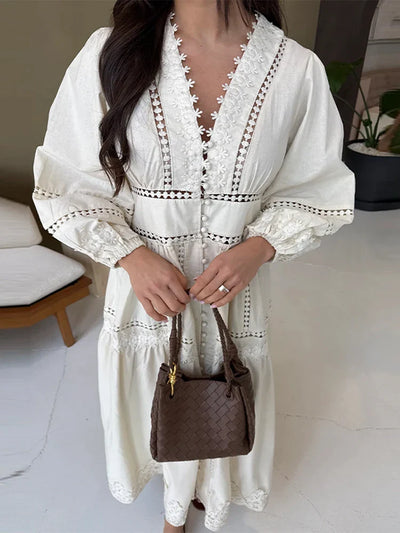 Marvella Embroidered V-Neck Maxi Dress – Boho Long Sleeve Tiered Button Dress