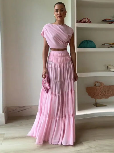 Elviana Draped Crop Top and Tiered Maxi Skirt Co-Ord Set – Soft Pink Summer Occasion Outfit