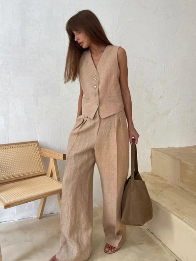Elanora Tailored Waistcoat and Wide-Leg Trouser Two-Piece Set – Orange, Beige or Black Smart Co-Ord Set