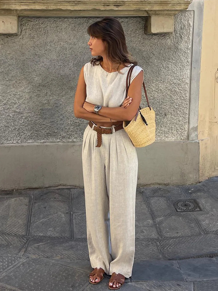 Solena Cotton Linen Co-Ord Set – Sleeveless Vest and Wide-Leg Trousers Two-Piece Summer Outfit