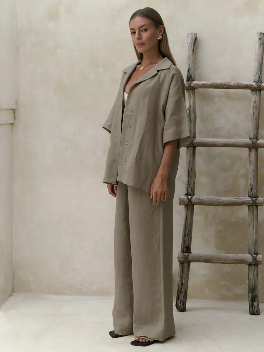Ismena Oversized Shirt and Wide-Leg Trouser Co-Ord Set – Relaxed Linen Look Beach Holiday Outfit in White, Taupe, Beige & Grey