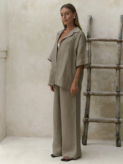 Ismena Oversized Shirt and Wide-Leg Trouser Co-Ord Set – Relaxed Linen Look Beach Holiday Outfit in White, Taupe, Beige & Grey