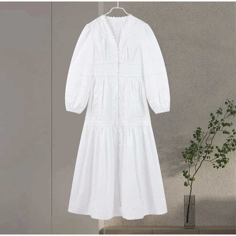 Marvella Embroidered V-Neck Maxi Dress – Boho Long Sleeve Tiered Button Dress