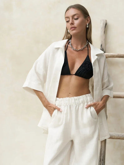 Ismena Oversized Shirt and Wide-Leg Trouser Co-Ord Set – Relaxed Linen Look Beach Holiday Outfit in White, Taupe, Beige & Grey