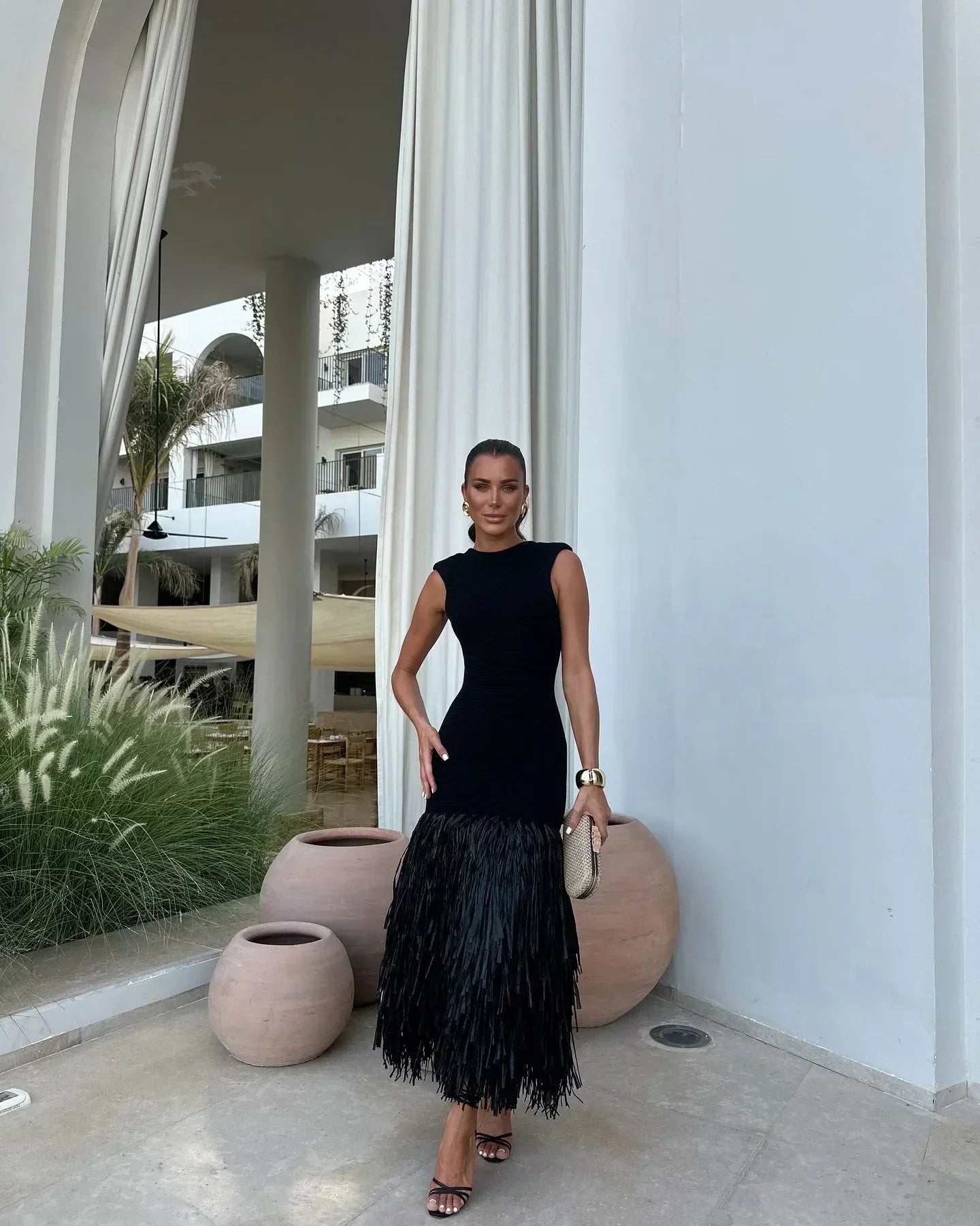 Knitted Tassels Hem Women Long Dress