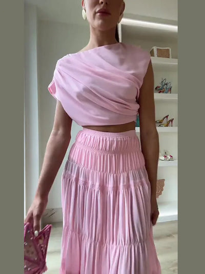 Elviana Draped Crop Top and Tiered Maxi Skirt Co-Ord Set – Soft Pink Summer Occasion Outfit