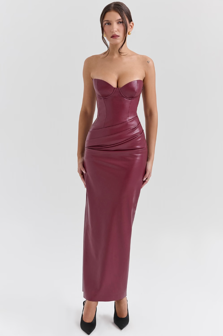 Rosaria | BORDEAUX LEATHER MIDI DRESS
