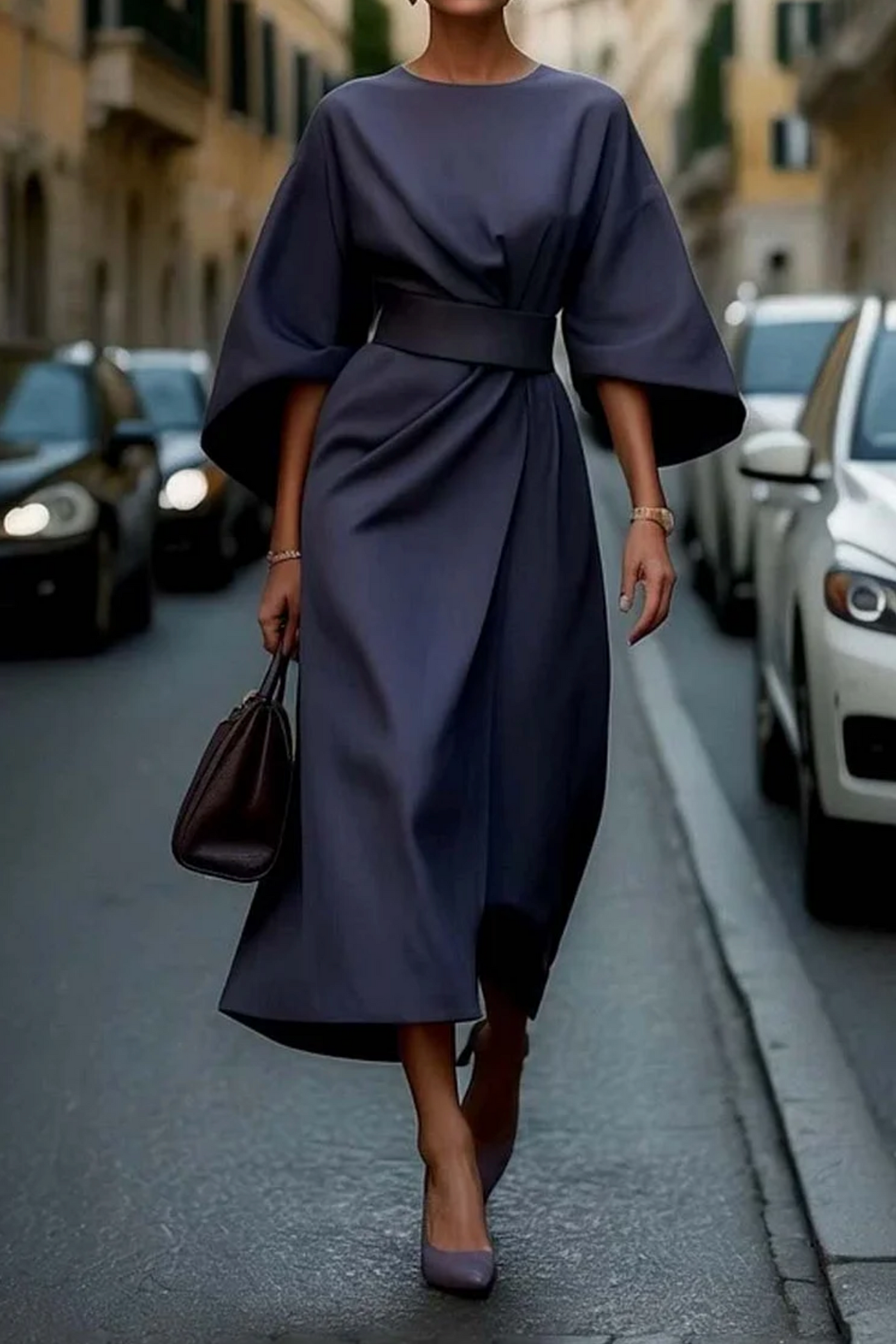 Sofia - vestido elegante con mangas farol y cinturón